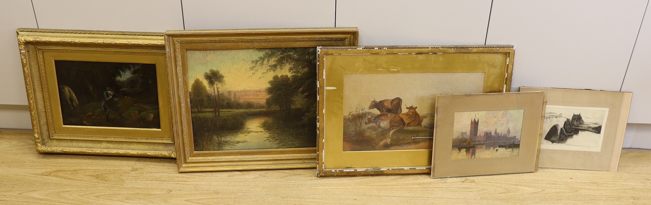 19th century English School, oil on wooden panel, Scotsman carving tombstones, 24 x 35cm, an oil landscape by another hand, a watercolour of cattle and two etchings